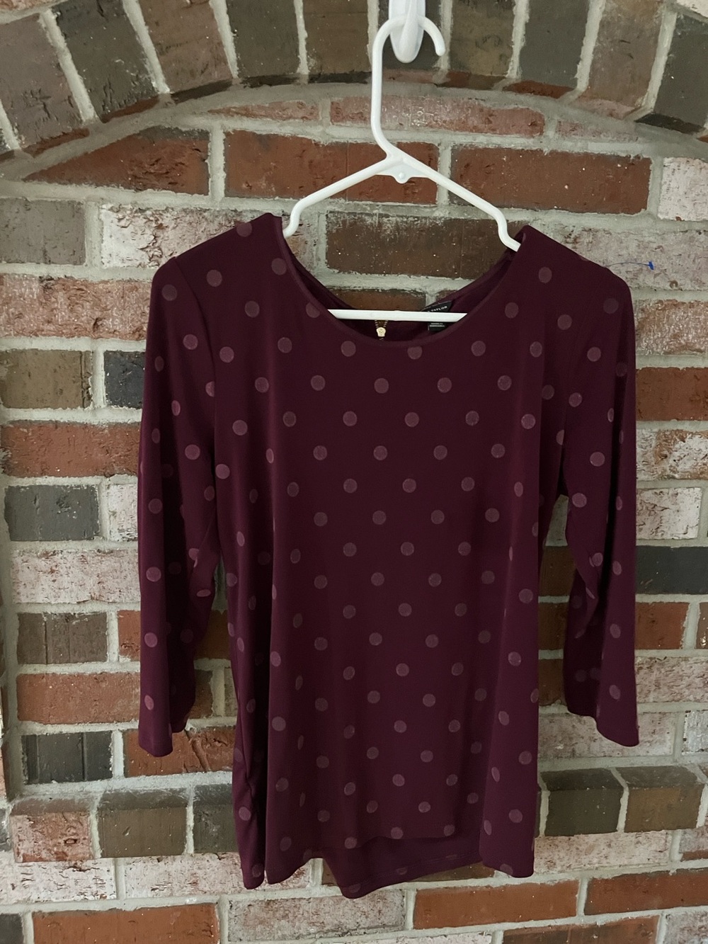 ANN TAYLOR Plum Purple Polka Dot 3/4 Sleeve Zipper Back Blouse  L NWOT